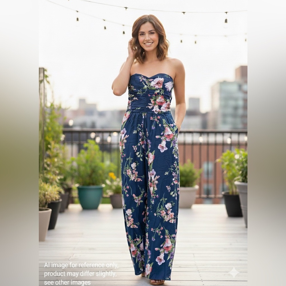 BOG Collective Elegant Floral Strapless Jumpsuit Feminine - Navy Sz XS